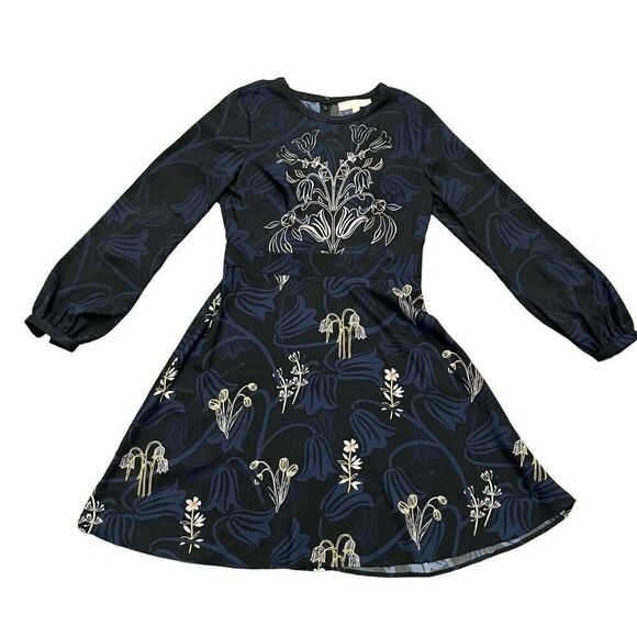 Loft Dress Women's Size 4 Black 100 % Polyester Floral Long Sleeve Round Neck - Picture 1 of 6